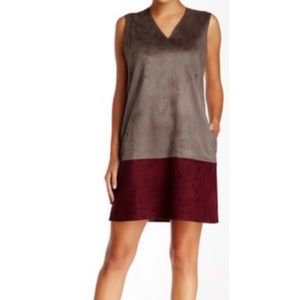 Gracia Sheath Suede Sleeveless Dress Charcoal Gray + Burgundy Color Block Small
